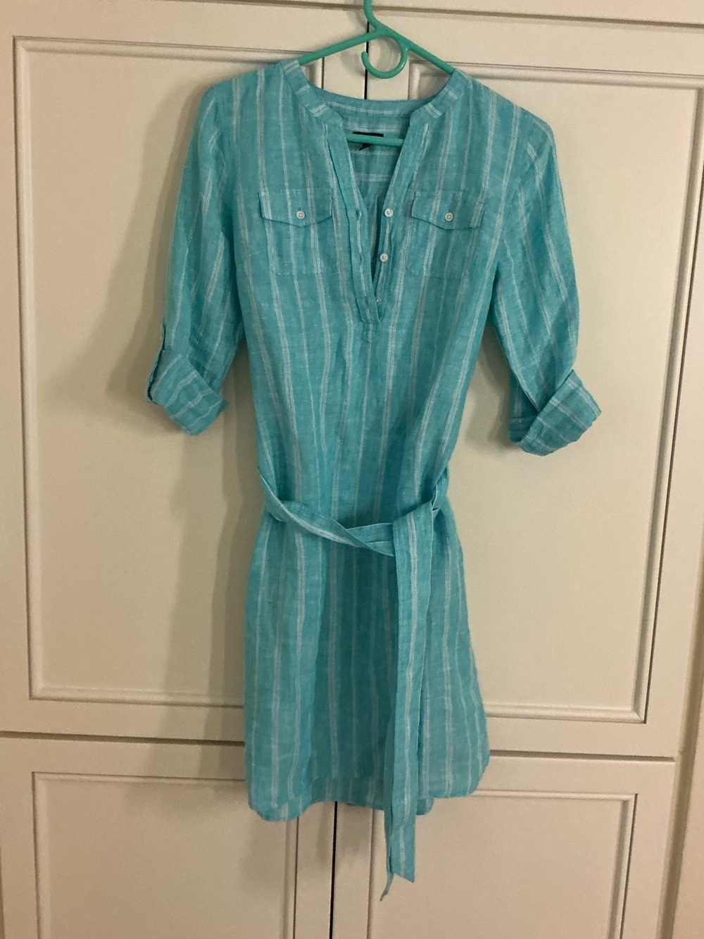 Talbots Linen Belted Turquoise and White Striped Dress - Picture 3 of 8